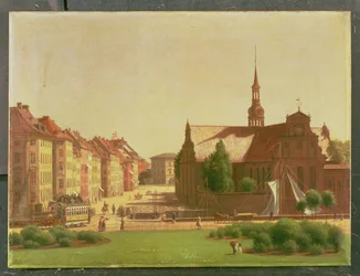 Piazza del Palazzo e Holmens Kirke, da una finestra del Castello di Christiansborg, a Copenaghen, 1866