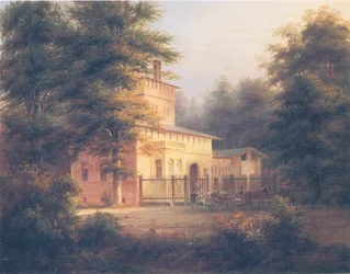 vista della casa del guardaboschi nel parco di Potsdam