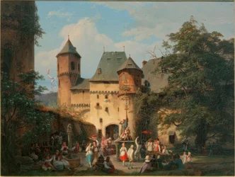 Scena di festa nel cortile di un castello