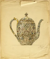 Progetto per una caffettiera ovoidale in argento dorato con smalto cloisonné, Casa di Carl Faberge
