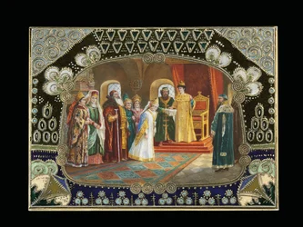 Dettaglio del Cartiglio Dipinto da una Scatola da Tavolo, raffigurante lo Zar Alessio Michajlovic che sceglie una Sposa, c.1908-1917