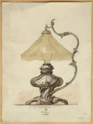 Disegno di una lampada da tavolo in argento con corpo scanalato a spirale in stile rococò, Casa di Carl Faberge
