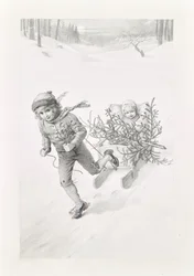 Due bambini in viaggio in un paesaggio invernale