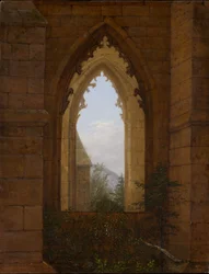 Finestra gotica nella rovina del monastero di Oybin