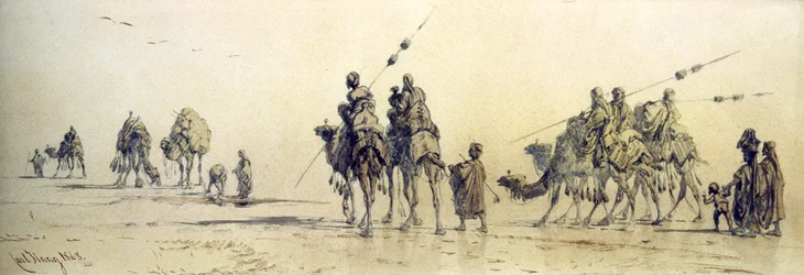 Una carovana di beduini che si avvicina a un pozzo nel deserto, 1868