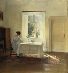 Una donna seduta a un tavolo vicino a una finestra, c.1900