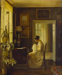 Interno con donna che cuce