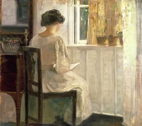 Ragazza che legge in una stanza illuminata dal sole