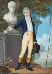 Tedesco: Ritratto di un giovane gentiluomo in costume da equitazione, nel parco di un castello, in piedi accanto al busto della madre con l