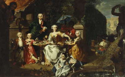 Un gruppo familiare su una terrazza nei giardini di una villa, forse George Jackson e la sua famiglia, 1737