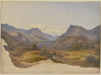 Veduta di Subiaco, con un ponte in primo piano