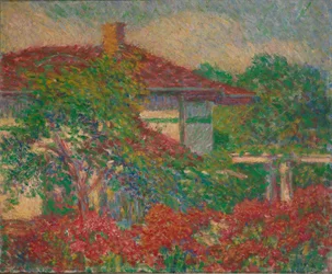 (Paesaggio con edificio dal tetto rosso)