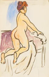Nudo femminile che riposa in ginocchio sul letto
