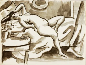 Nudo femminile reclinato con tavolo