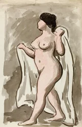 Nudo femminile in piedi con drappo
