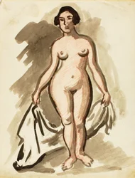 Nudo femminile in piedi con drappo