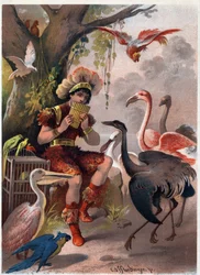 Papageno con un flauto di Pan porta gli uccelli dalla foresta. Illustrazione di Carl Offterdinger (1829-1889) in "Il flauto magico" (Die Zauberflöte, flauto magico, The Magic Flute). Collezione privata