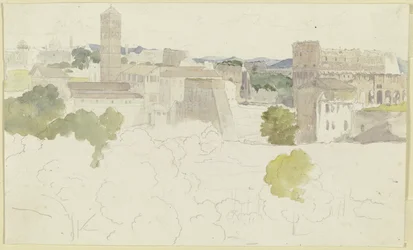Veduta su Roma con il Colosseo a destra, montagne in lontananza