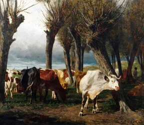 Tedesco: Mandria di bovini sotto salici impollinati.