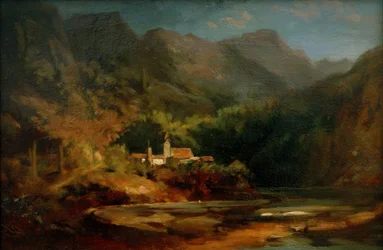 Villaggio su un lago in una valle di montagna