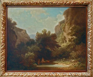Paesaggio montano roccioso con ninfe che fanno il bagno