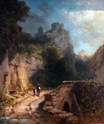Paesaggio montano con ponte e castello