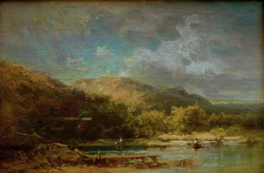 Capanna sul lago con figure