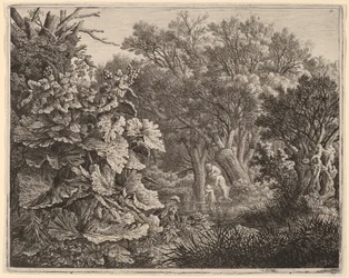 Paesaggio con grandi foglie e tre satiri
