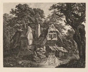 Capanna di paglia con paesaggio e figure