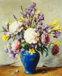 Natura morta con peonie e iris