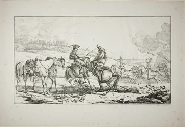 Artigliere a cavallo con tre cavalli imbrigliati insieme