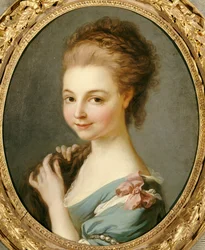 Ragazza in abito blu con nastro rosa