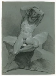 Studio di nudo di un uomo seduto, con le braccia incrociate sopra la testa