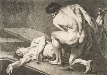 Un Académie: Un uomo solleva le gambe di un altro uomo, 1742-43