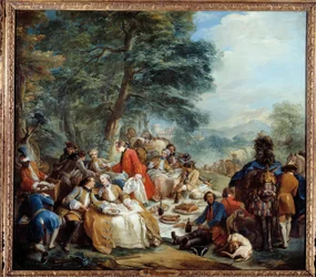 Sosta di caccia Un picnic di nobili durante una battuta di caccia. Dipinto di Charles André Van Loo, XVIII secolo