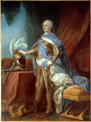 Ritratto a figura intera di Luigi XV (1710-1774), in armatura, mano posata su un elmo. Dipinto di Carle Van Loo (1705-1765)