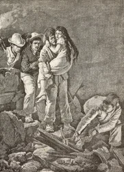 Una ragazza viene salvata dopo il crollo della sua casa, terremoto di Casamicciola, Italia, incisione da un disegno di E Sanesi e un dipinto di Carlo Ademollo (1824-1911), da L