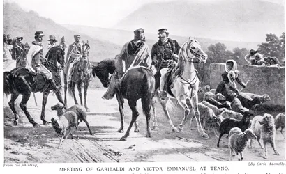 Incontro di Garibaldi e Vittorio Emanuele a Teano, illustrazione da 