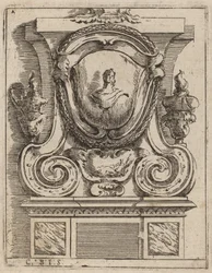 Motivo architettonico con busto e due lampade
