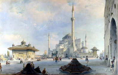 La moschea di Costantinopoli: Santa Sofia (Hagia Sophia). Dipinto di Carlo Bossoli