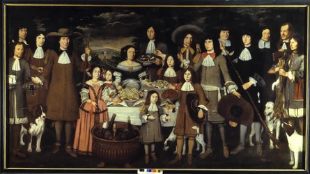 Ritratto di una famiglia o "Bevuta durante una partita di caccia". Dipinto di Carlo Cane (1618-1688). Dipinto del XVII secolo. Pinacoteca del Castello Sforzesco Milano