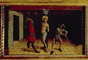 La flagellazione di Cristo, pannello centrale destro della predella del polittico di San Silvestro, 1468