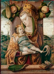 Vergine col Bambino. Dietro di loro mele e un cetriolo, in basso un libro aperto (Bibbia). Tempera su legno di Carlo Crivelli (1430/35-1494/1500)