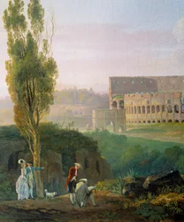 Gruppo di personaggi, uomo che disegna davanti alle rovine del Colosseo