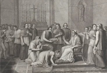 Una donna si inginocchia per baciare il piede di Papa Pio VII, con una folla dietro di lei a sinistra, 1814-50