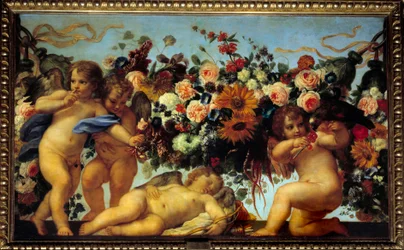 Amore e ghirlande di fiori. Un angelo dà bacche a un uccello mentre un altro fa il gesto di tacere per non svegliare un terzo angelo addormentato. Dipinto di Carlo Maratta (1625-1713), XVII secolo, Sun. 1,06x1,73 m
