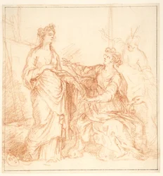 Composizione allegorica con tre figure femminili davanti a un quadro su un cavalletto, una con una maschera ai piedi, un