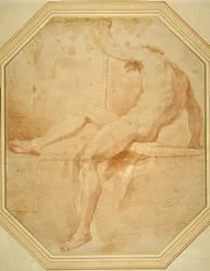 Nudo seduto e voltato, con un bastone nella mano sinistra