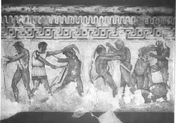 Ricostruzione del dipinto murale etrusco nella Tomba François a Vulci, c.320-280 a.C.