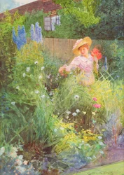 Signora che raccoglie fiori in un giardino di campagna